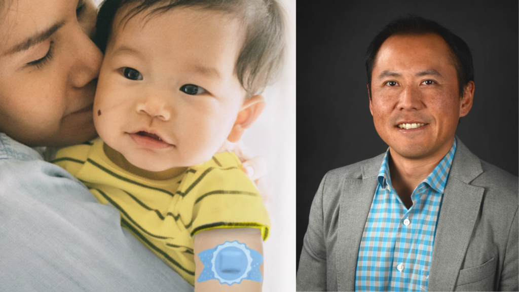 Young child with bandaid on upper arm and headshot of Charles Hui