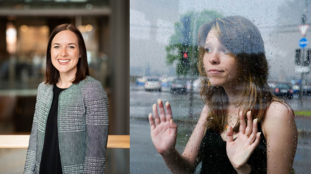 Nicole Racine and image of a young woman standing against rainy window
