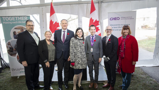 Guy Chartrand, MP Mona Fortier, MP David McGuinty, Minister Filomena Tassi, Alex Munter, Jason Berman, and MP Marie-France Lalonde at the FedDev Ontario funding announcement for the 8-80 Collaborative between the CHEO RI and Bruyere.